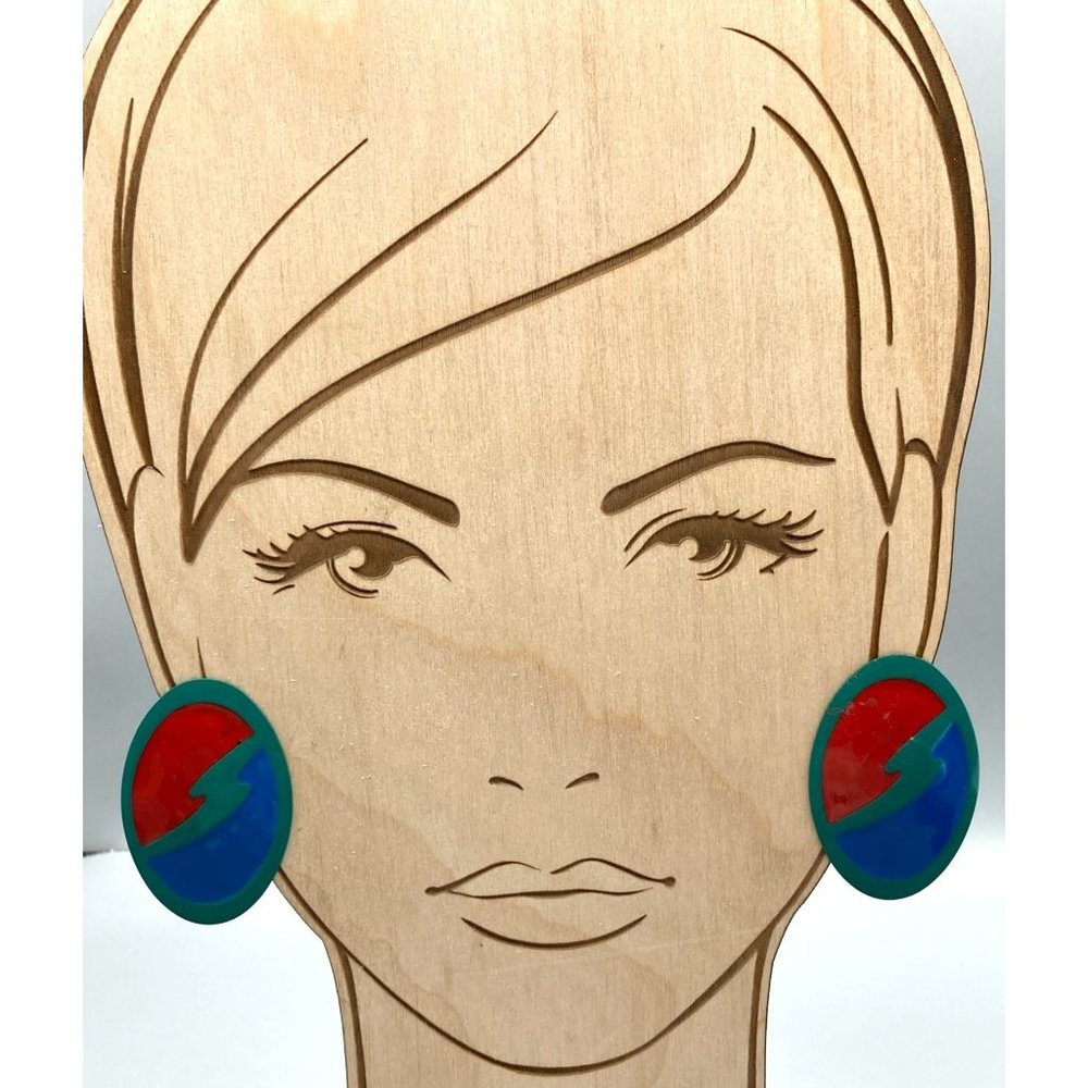 Retro Abstract Colorful Enamel Earrings, Vintage Artistic 80s Oval Studs, Teal